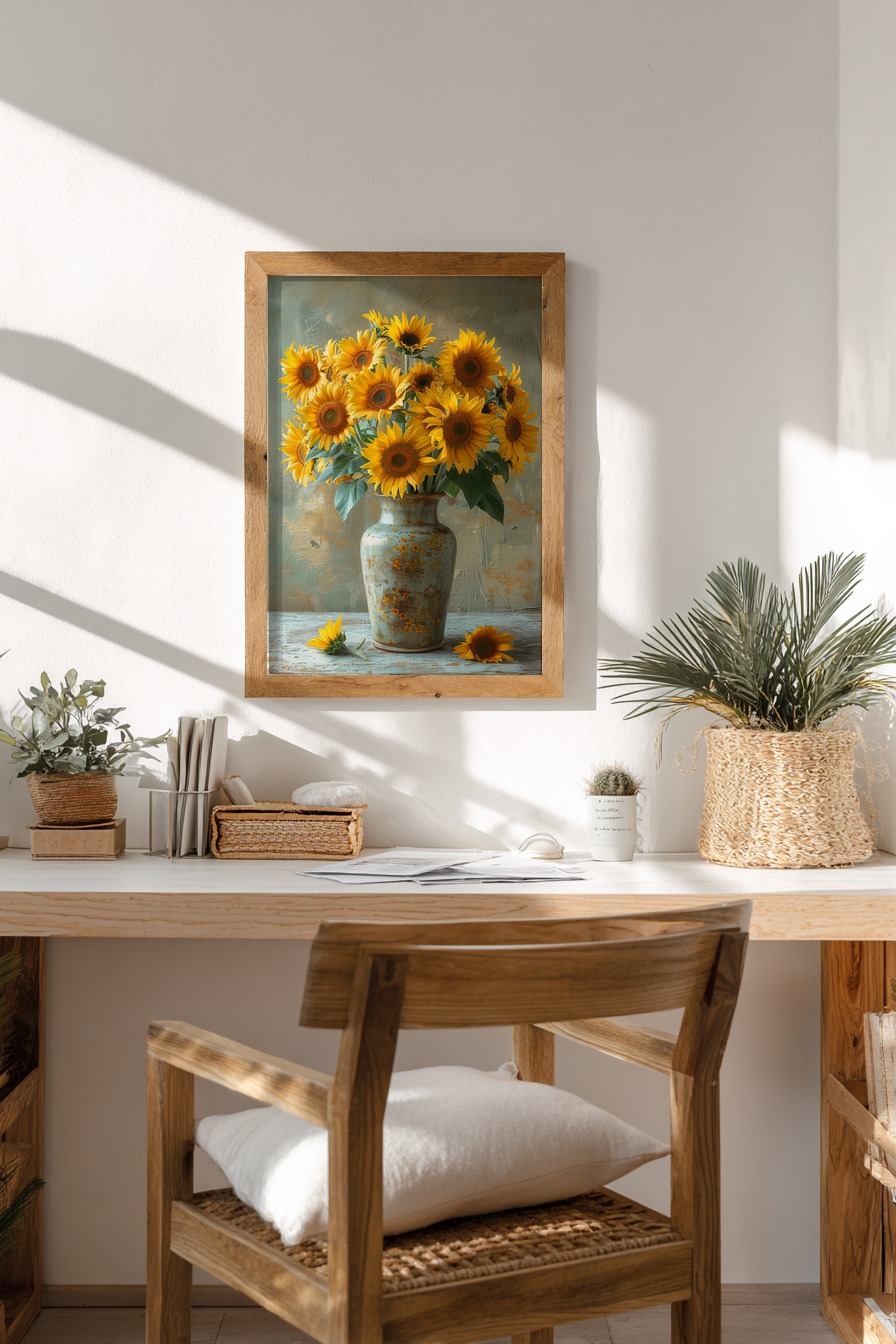 Fotografie Poster Sonnenblumenstrauß gelb grün Vase rustikal