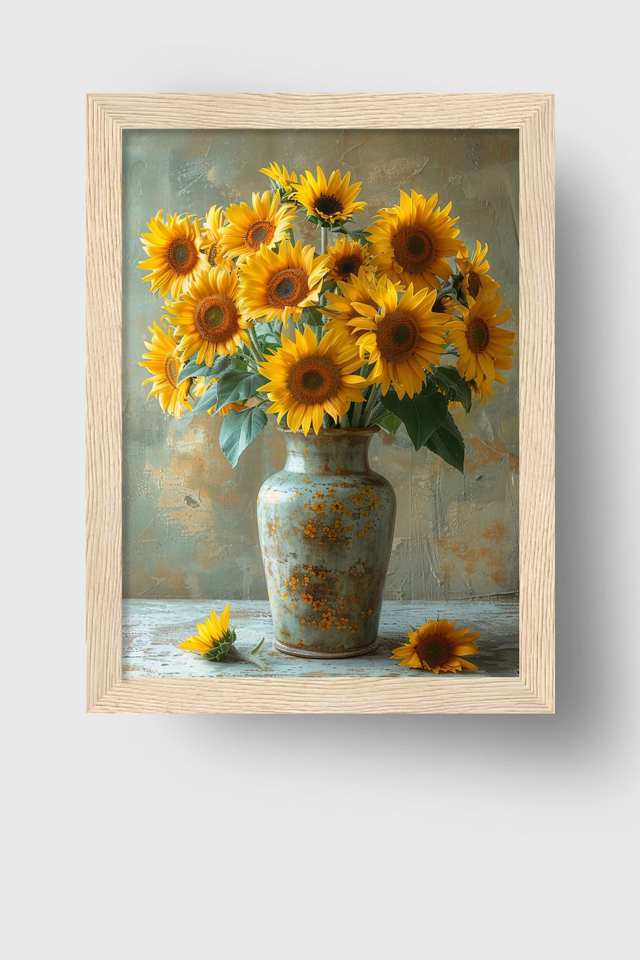Fotografie Poster Sonnenblumenstrauß gelb grün Vase rustikal
