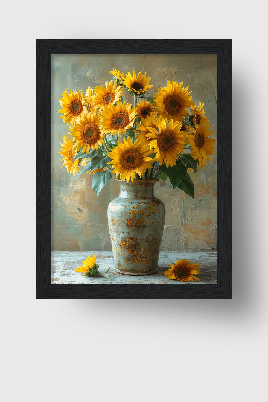 Fotografie Poster Sonnenblumenstrauß gelb grün Vase rustikal