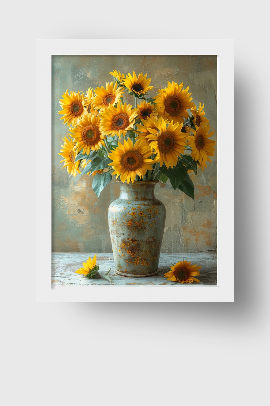 Fotografie Poster Sonnenblumenstrauß gelb grün Vase rustikal