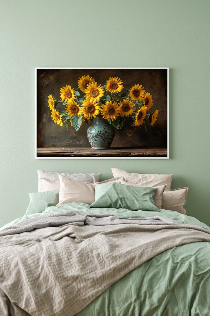 Fotografie Poster Sonnenblumenstrauß gelb grün Vase