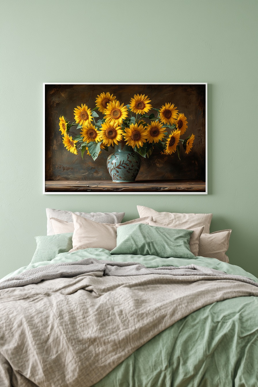 Fotografie Poster Sonnenblumenstrauß gelb grün Vase