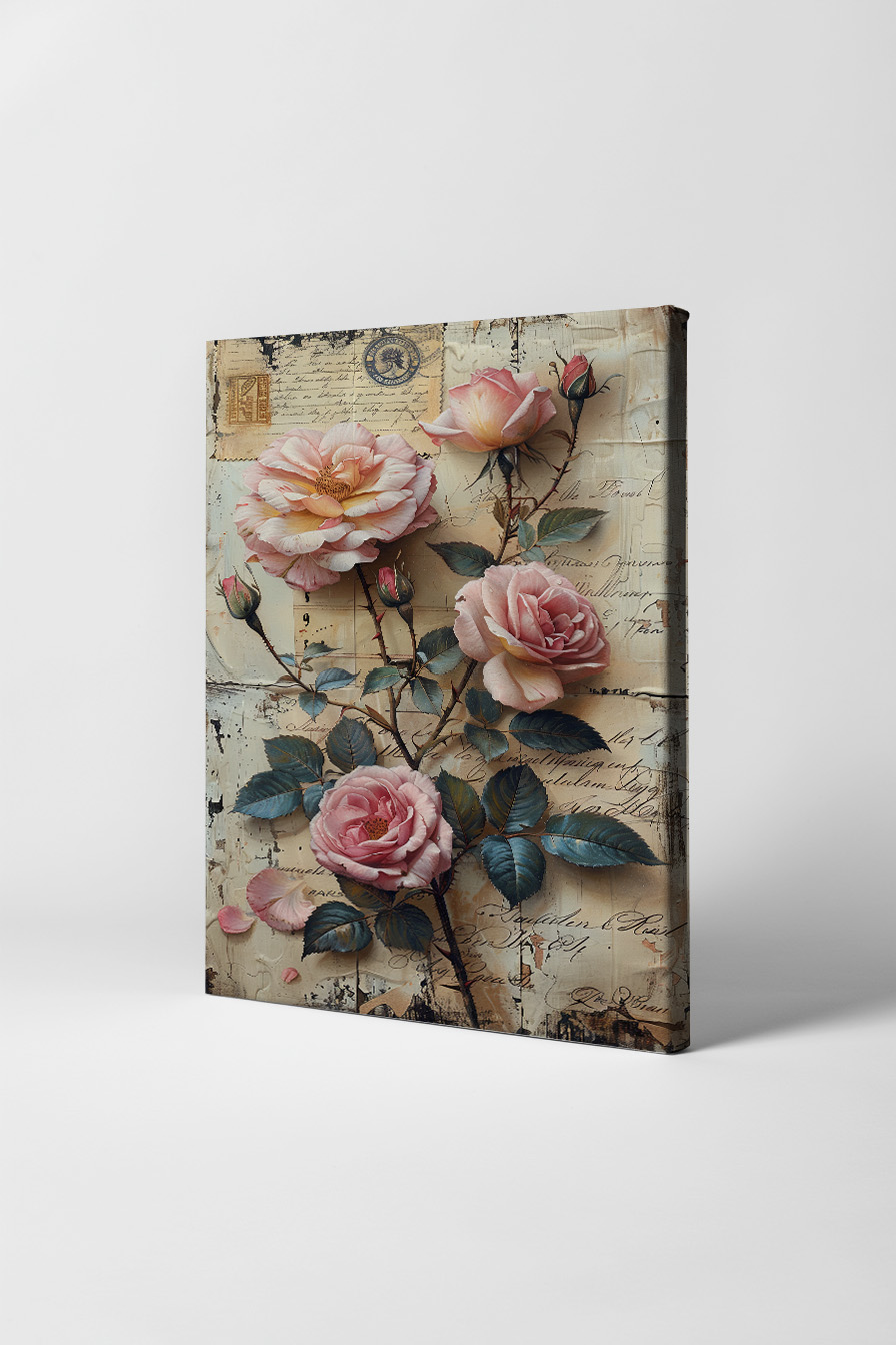 Illustration Poster Rosenzweig zart Vintage rosa grün