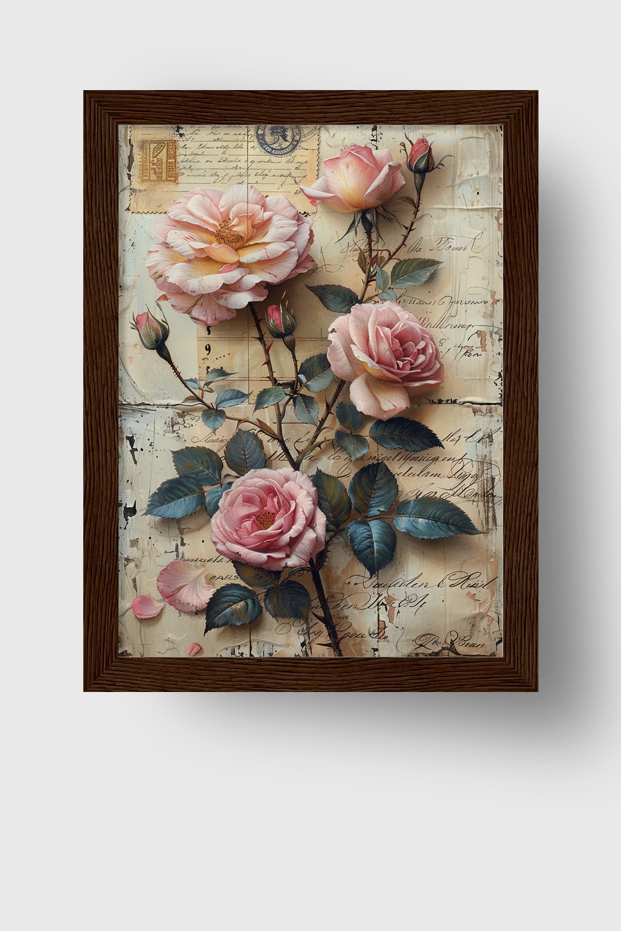 Illustration Poster Rosenzweig zart Vintage rosa grün