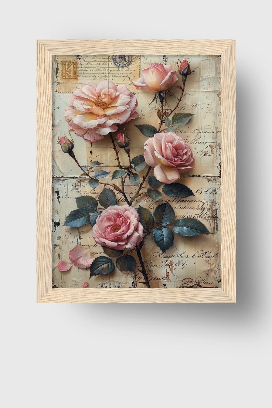 Illustration Poster Rosenzweig zart Vintage rosa grün