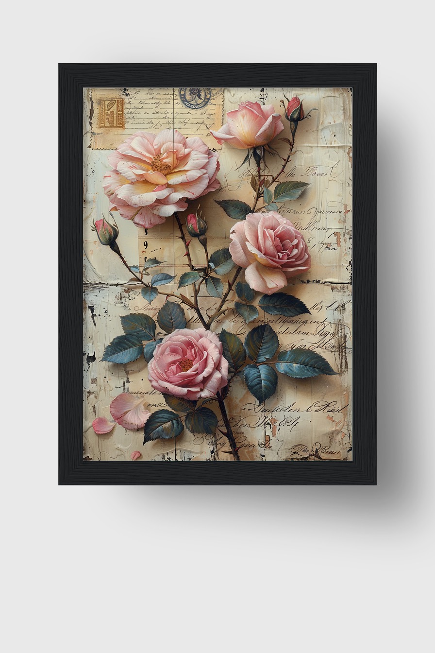 Illustration Poster Rosenzweig zart Vintage rosa grün