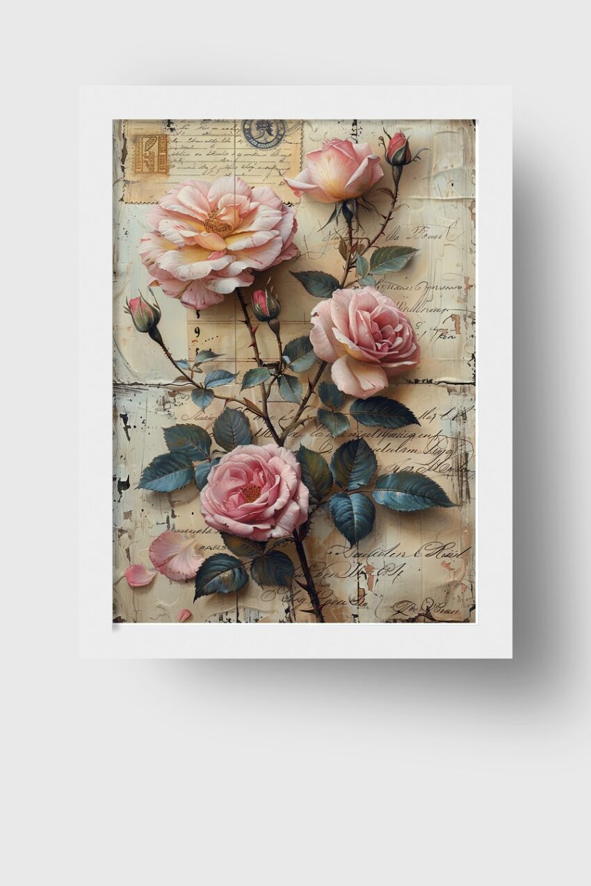 Illustration Poster Rosenzweig zart Vintage rosa grün