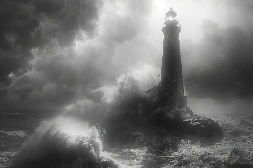Fotografie Poster Leuchtturm Sturm schwarz-weiß