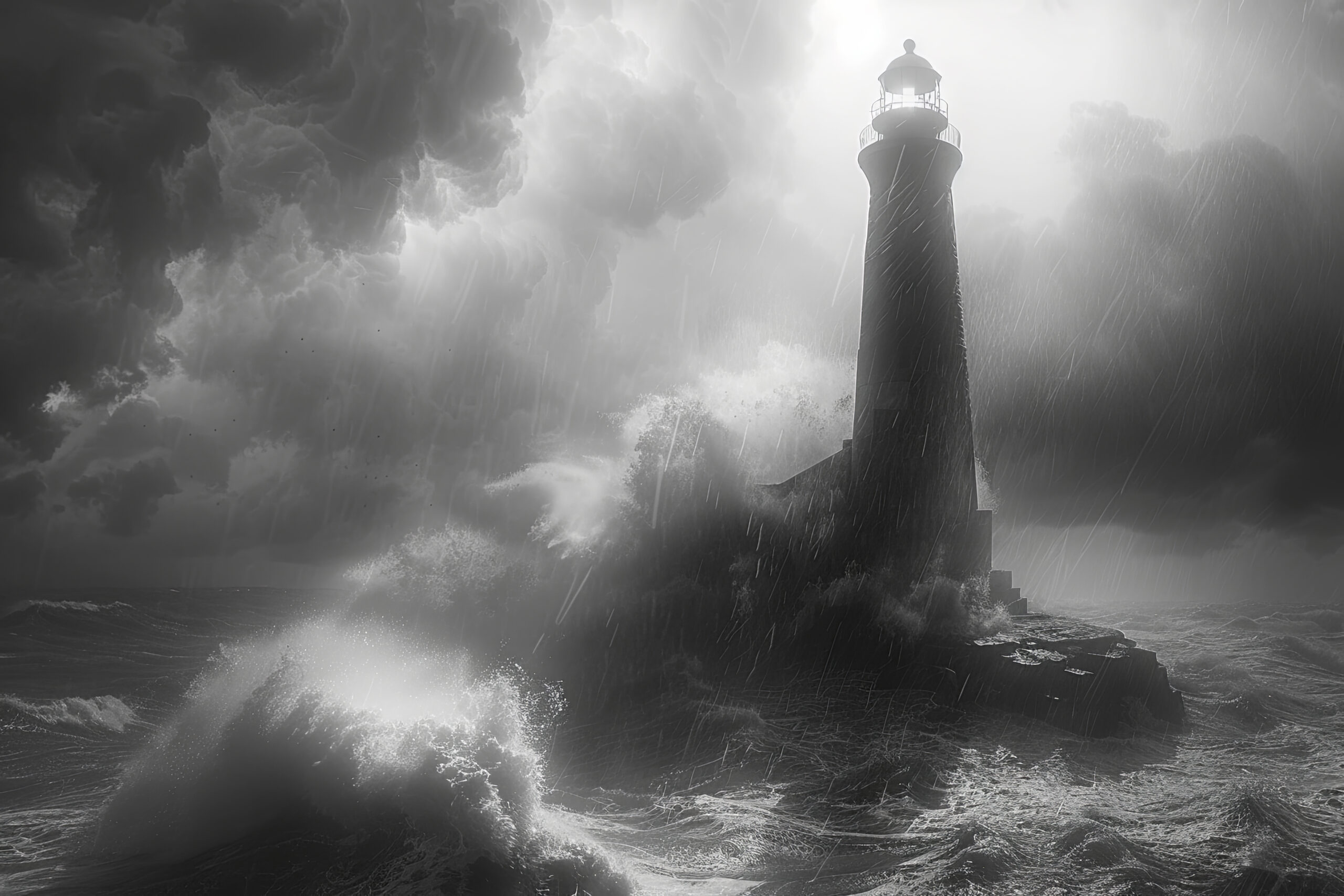 Fotografie Poster Leuchtturm Sturm schwarz-weiß