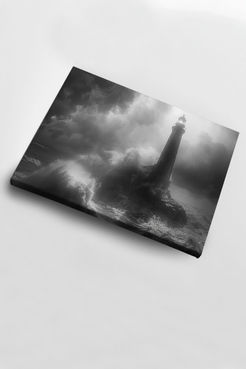 Fotografie Poster Leuchtturm Sturm schwarz-weiß
