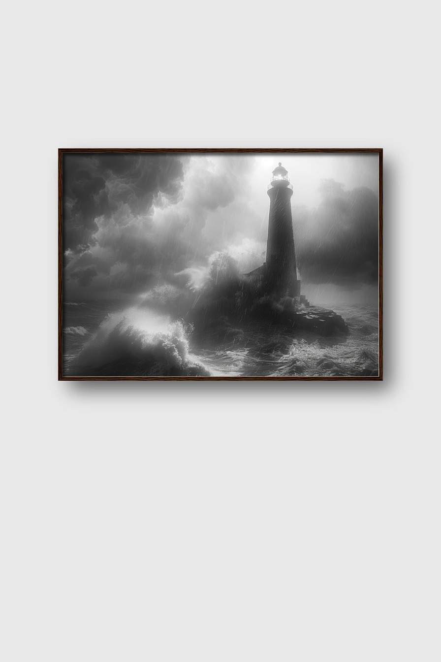 Fotografie Poster Leuchtturm Sturm schwarz-weiß