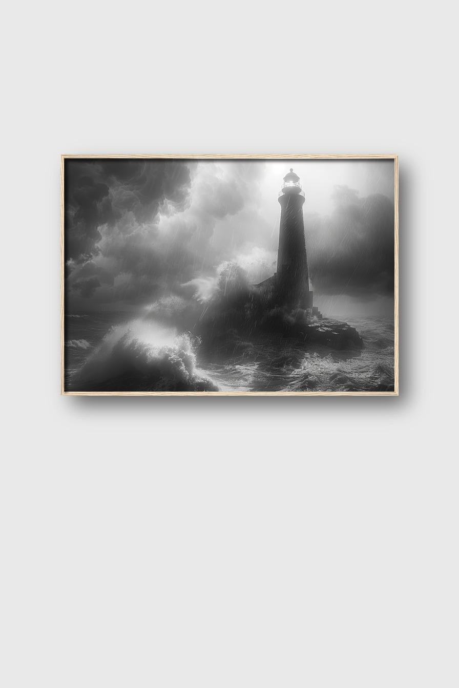 Fotografie Poster Leuchtturm Sturm schwarz-weiß