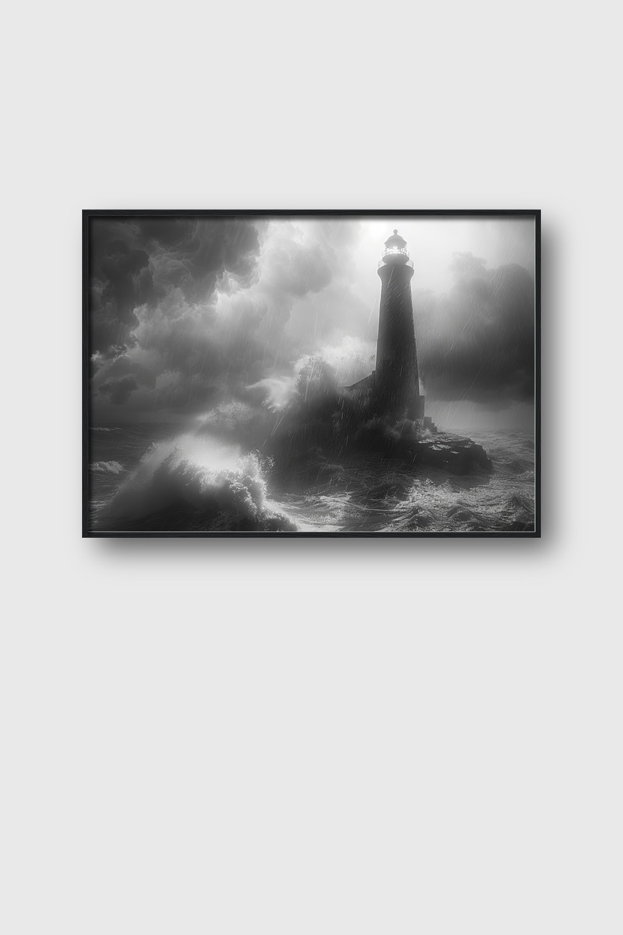 Fotografie Poster Leuchtturm Sturm schwarz-weiß