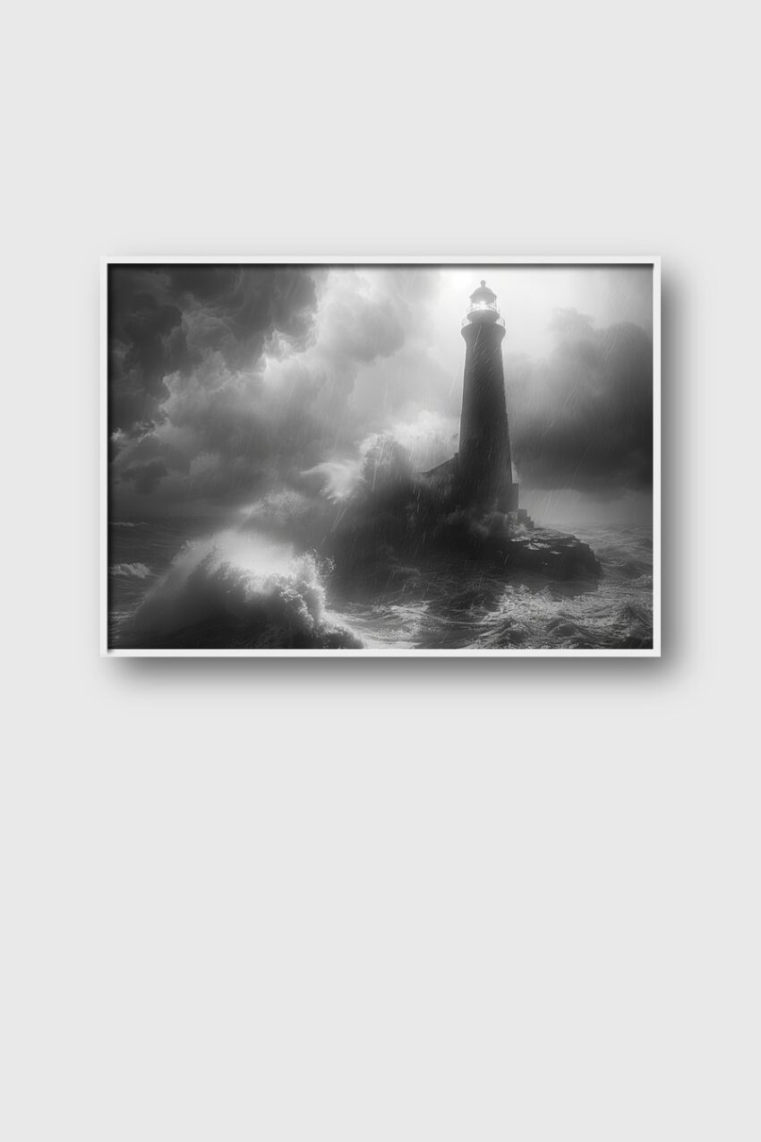 Fotografie Poster Leuchtturm Sturm schwarz-weiß