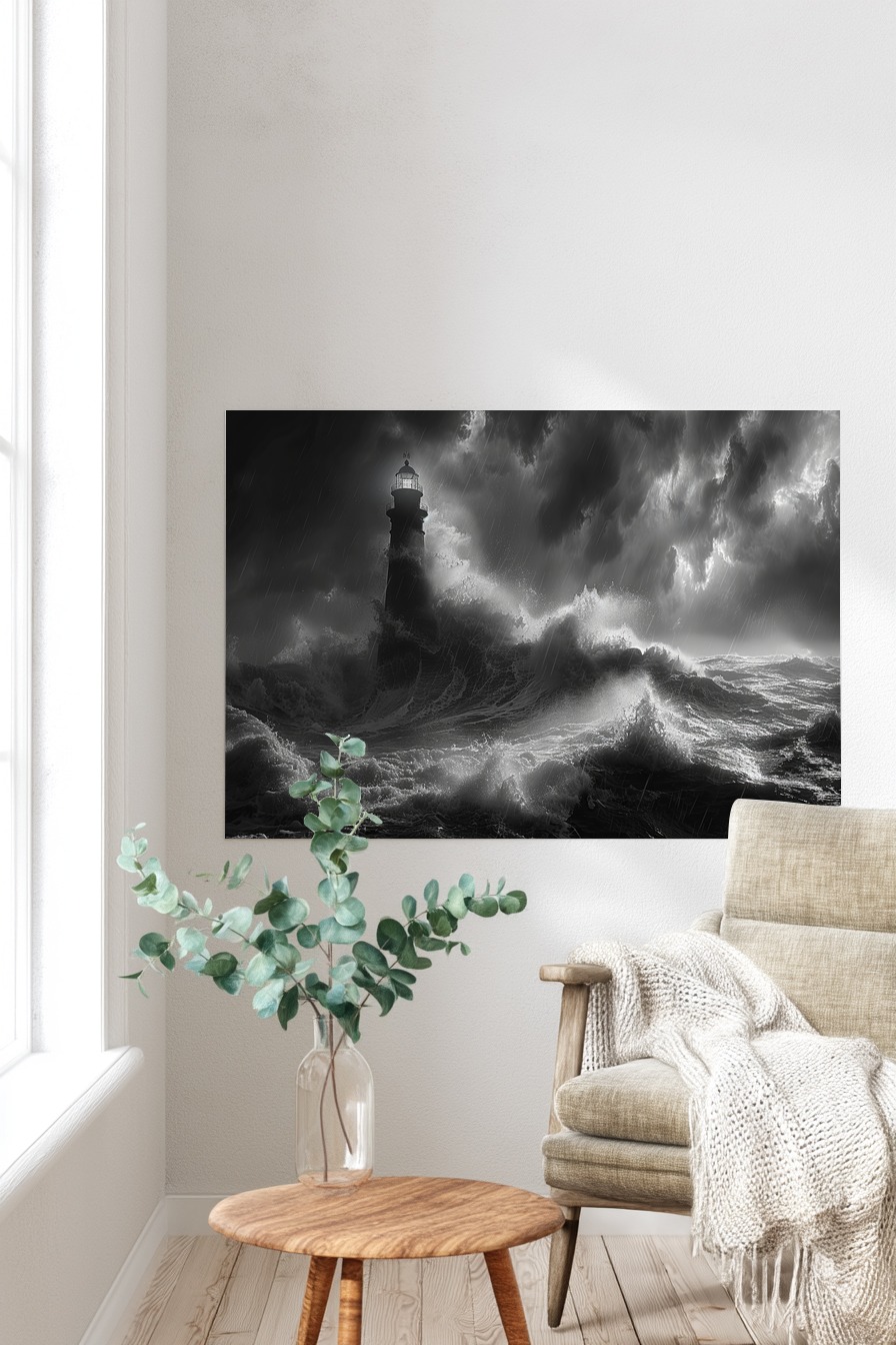 Fotografie Poster Leuchtturm Sturm schwarz-weiß