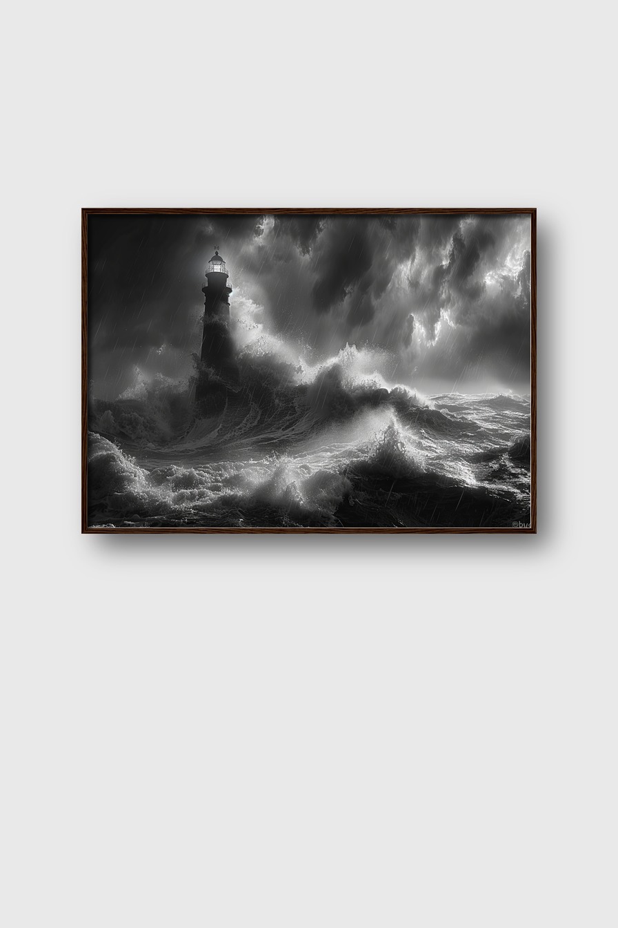 Fotografie Poster Leuchtturm Sturm schwarz-weiß