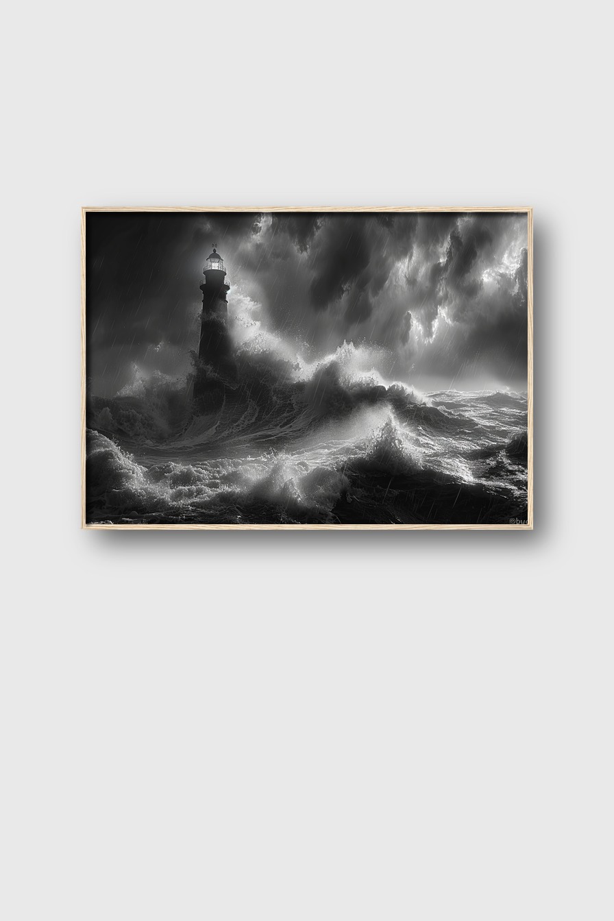 Fotografie Poster Leuchtturm Sturm schwarz-weiß