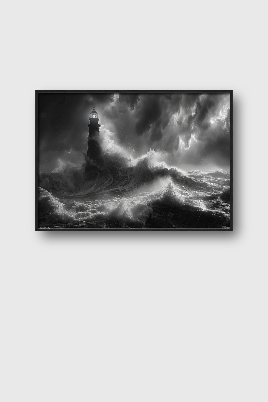 Fotografie Poster Leuchtturm Sturm schwarz-weiß