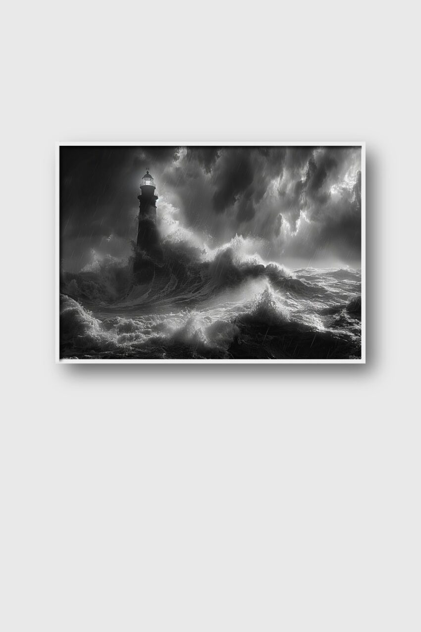 Fotografie Poster Leuchtturm Sturm schwarz-weiß