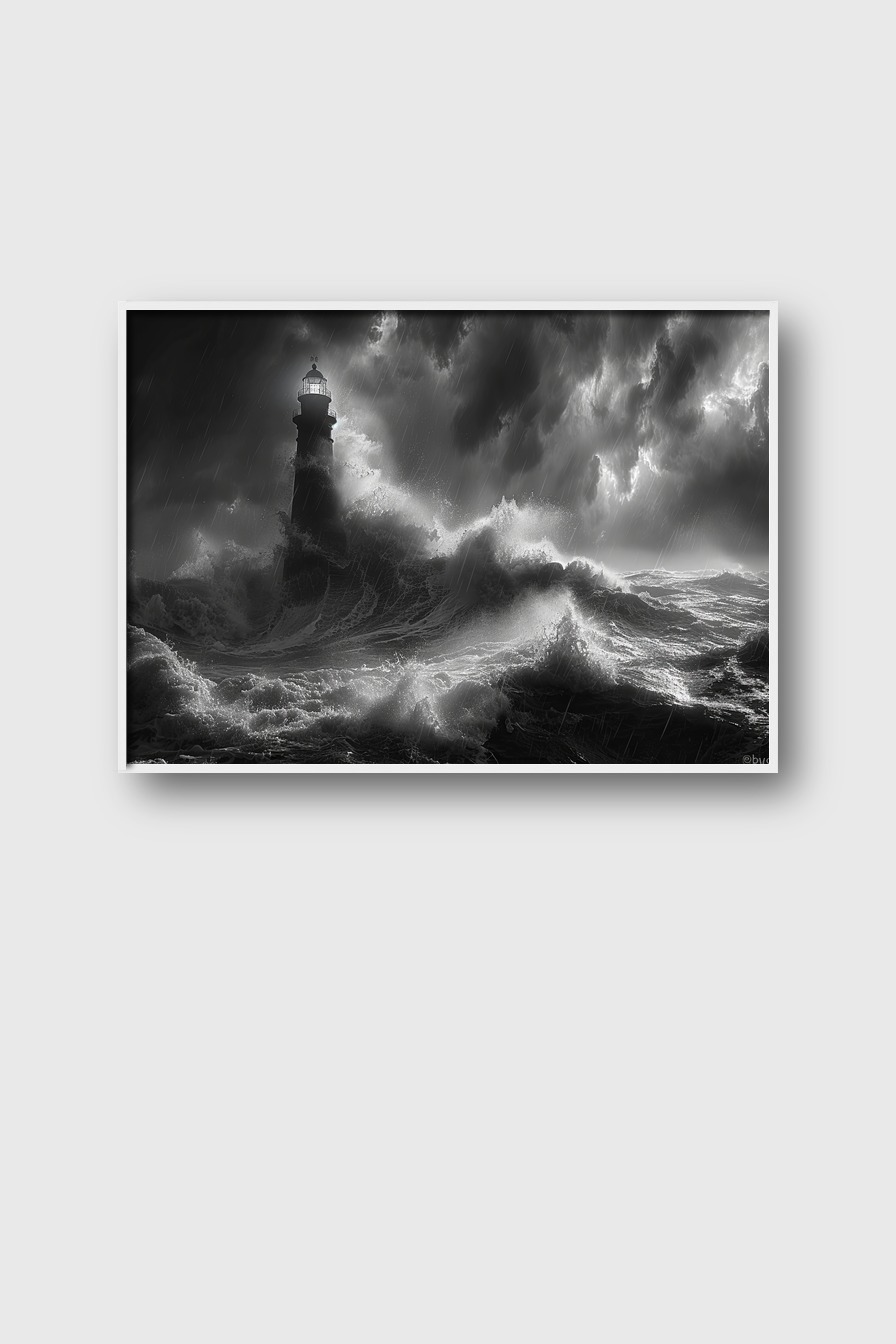 Fotografie Poster Leuchtturm Sturm schwarz-weiß
