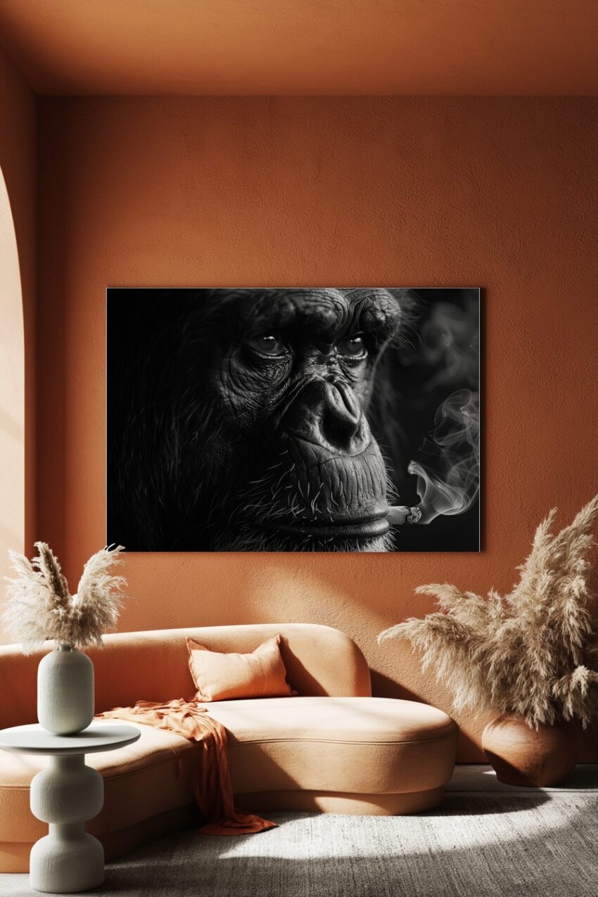 Fotografie Poster Schimpanse rauchend schwarz-weiß