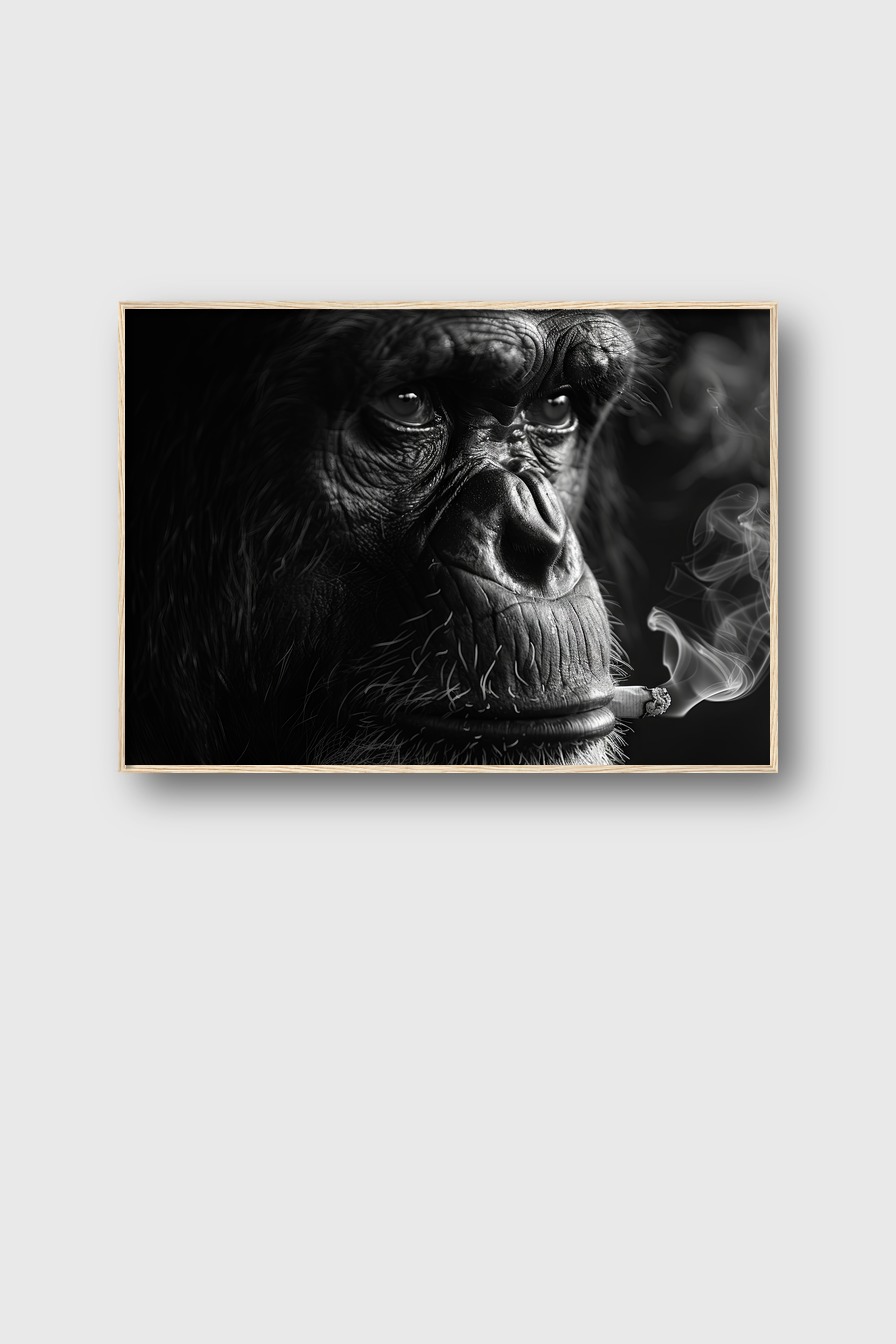 Fotografie Poster Schimpanse rauchend schwarz-weiß