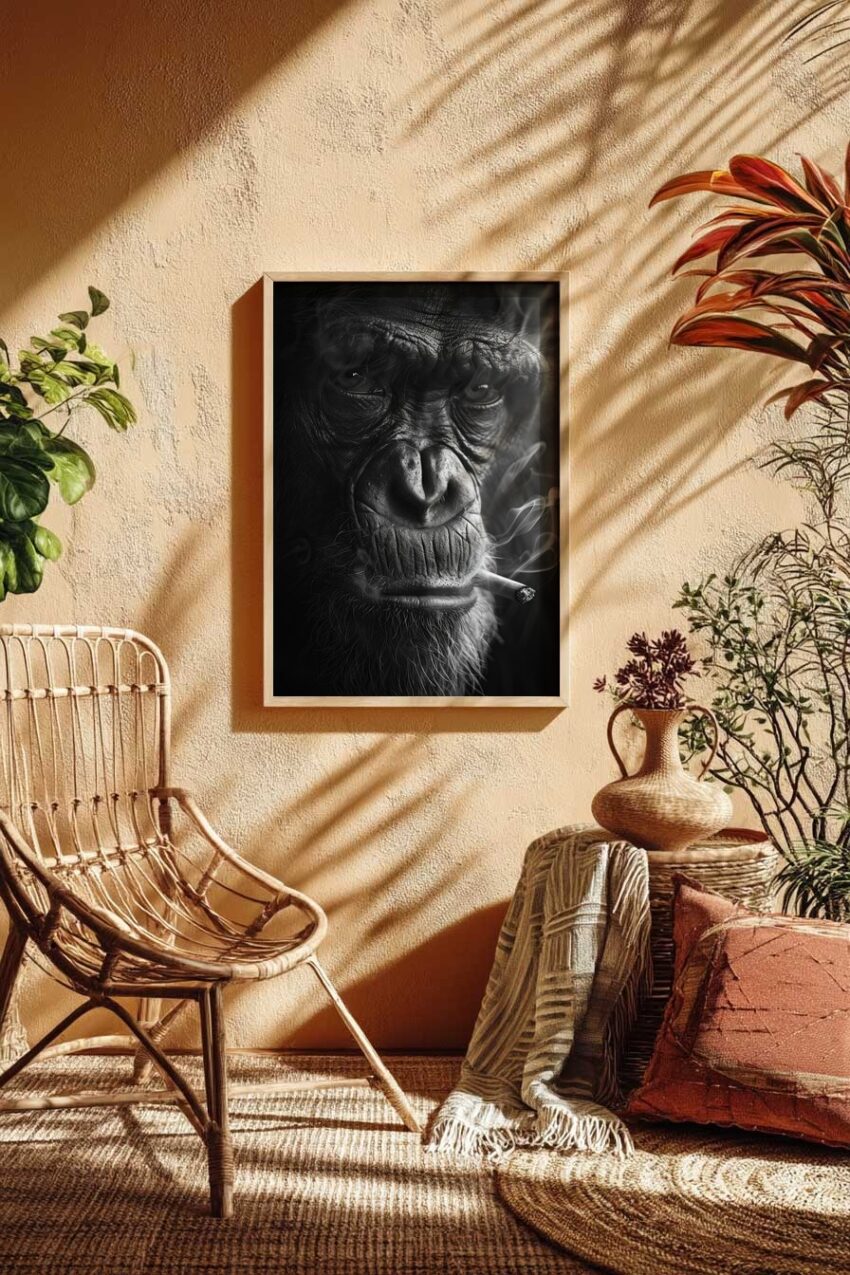 Fotografie Poster Schimpanse Zigarette schwarz-weiß