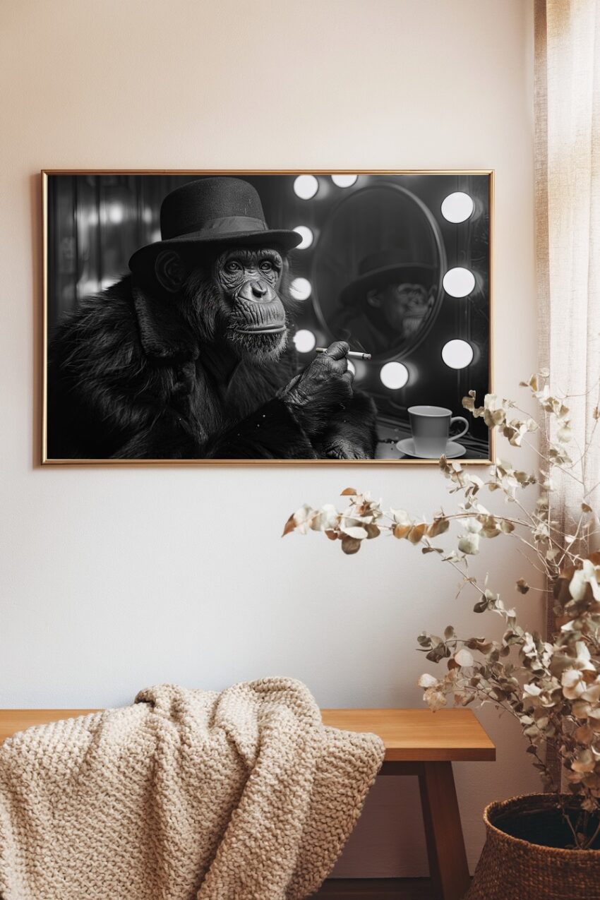 Fotografie Poster Schimpanse Hut Zigarette schwarz-weiß