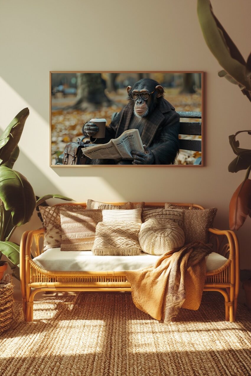 Fotografie Poster Schimpanse Zeitung Brille Herbst