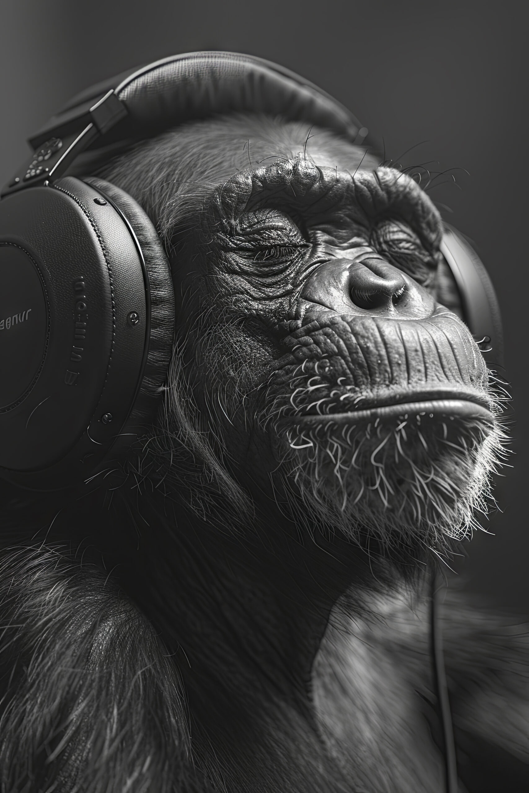 Fotografie Poster Schimpanse Kopfhörer schwarz-weiß Nahaufnahme