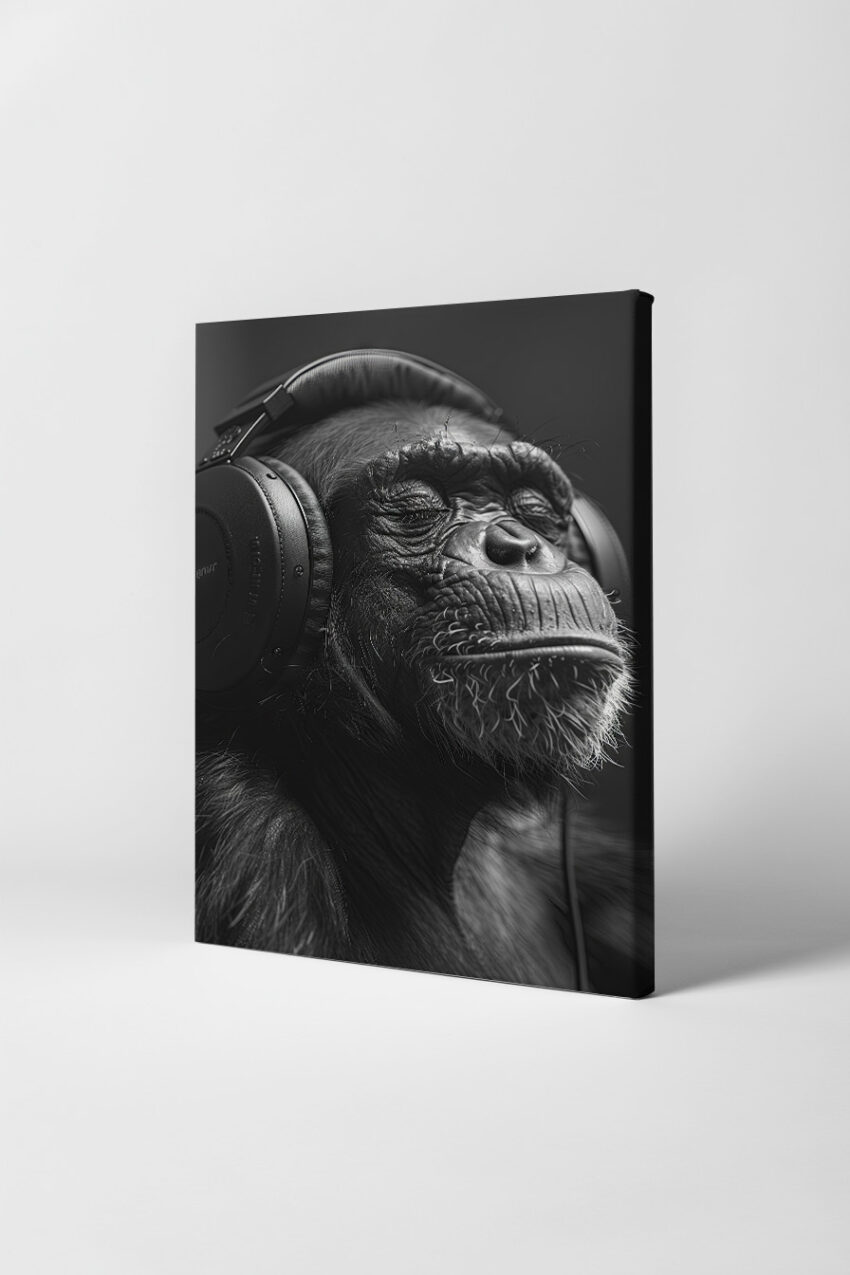 Fotografie Poster Schimpanse Kopfhörer schwarz-weiß Nahaufnahme