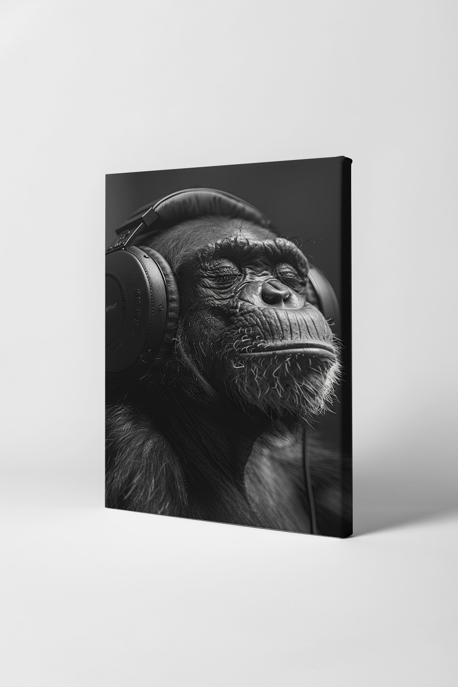 Fotografie Poster Schimpanse Kopfhörer schwarz-weiß Nahaufnahme