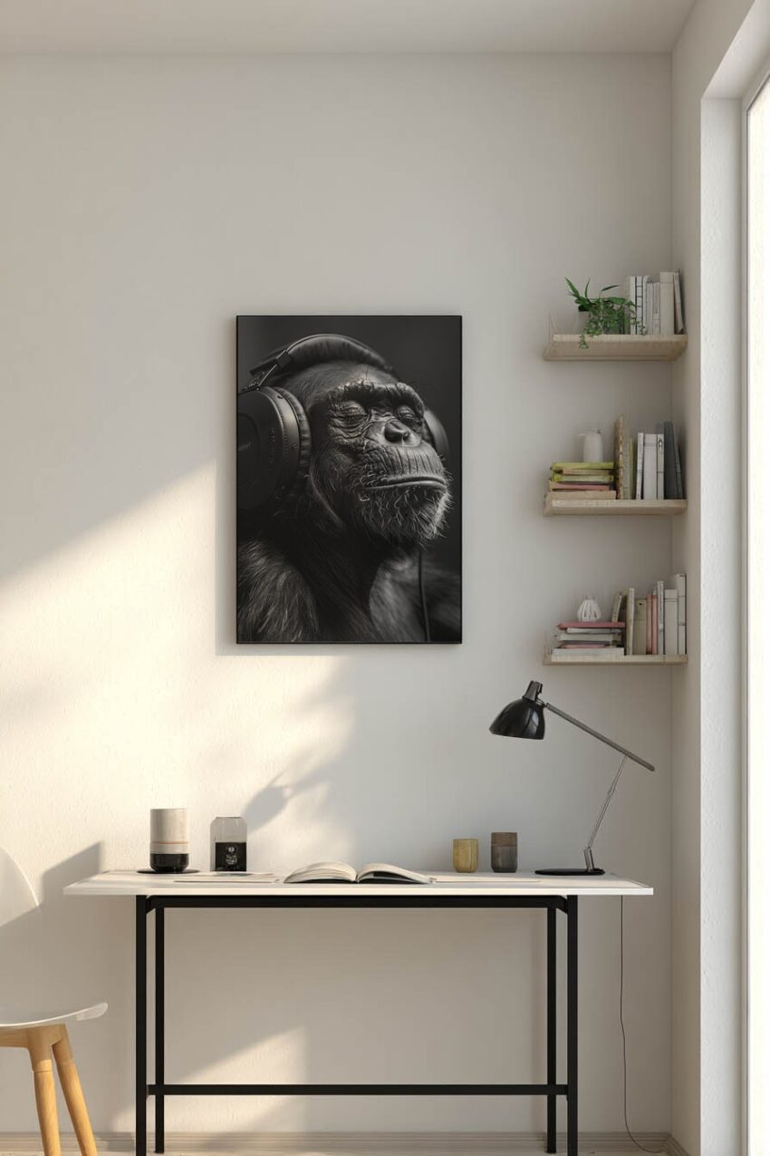 Fotografie Poster Schimpanse Kopfhörer schwarz-weiß Nahaufnahme