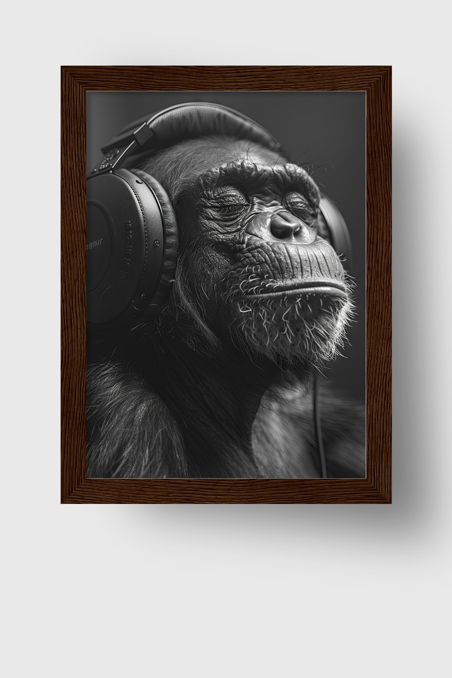 Fotografie Poster Schimpanse Kopfhörer schwarz-weiß Nahaufnahme