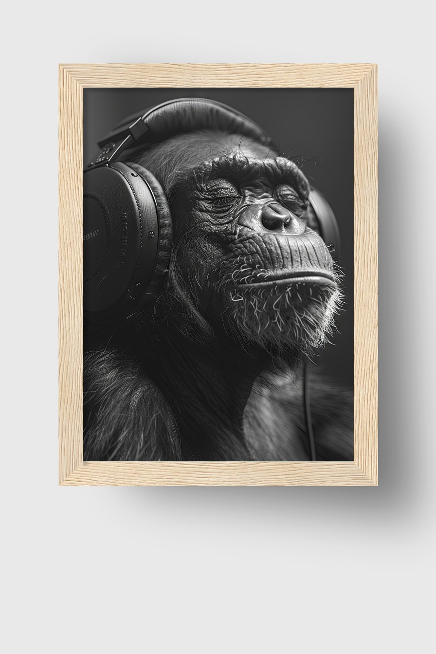 Fotografie Poster Schimpanse Kopfhörer schwarz-weiß Nahaufnahme