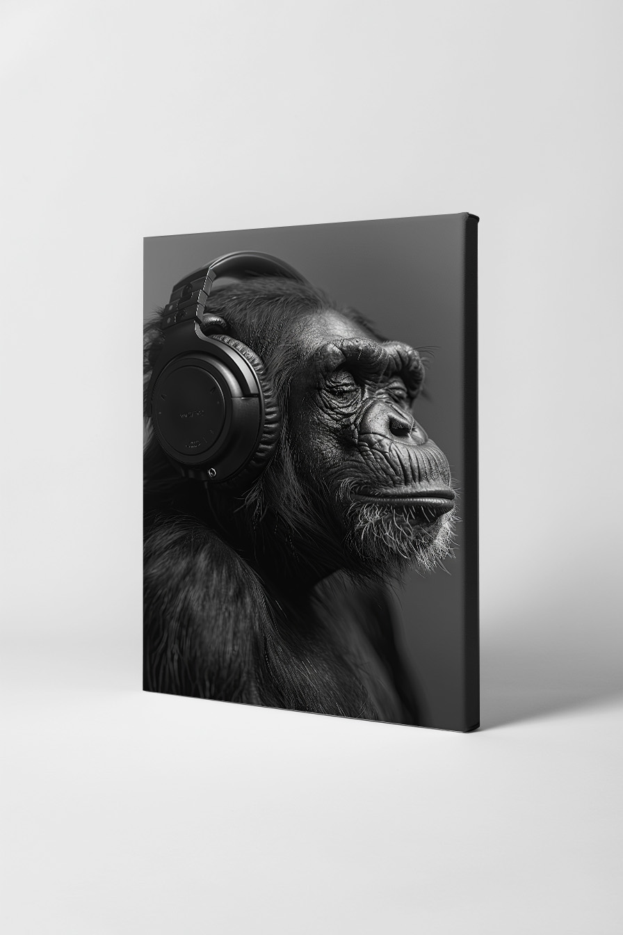 Fotografie Poster Schimpanse Kopfhörer schwarz-weiß