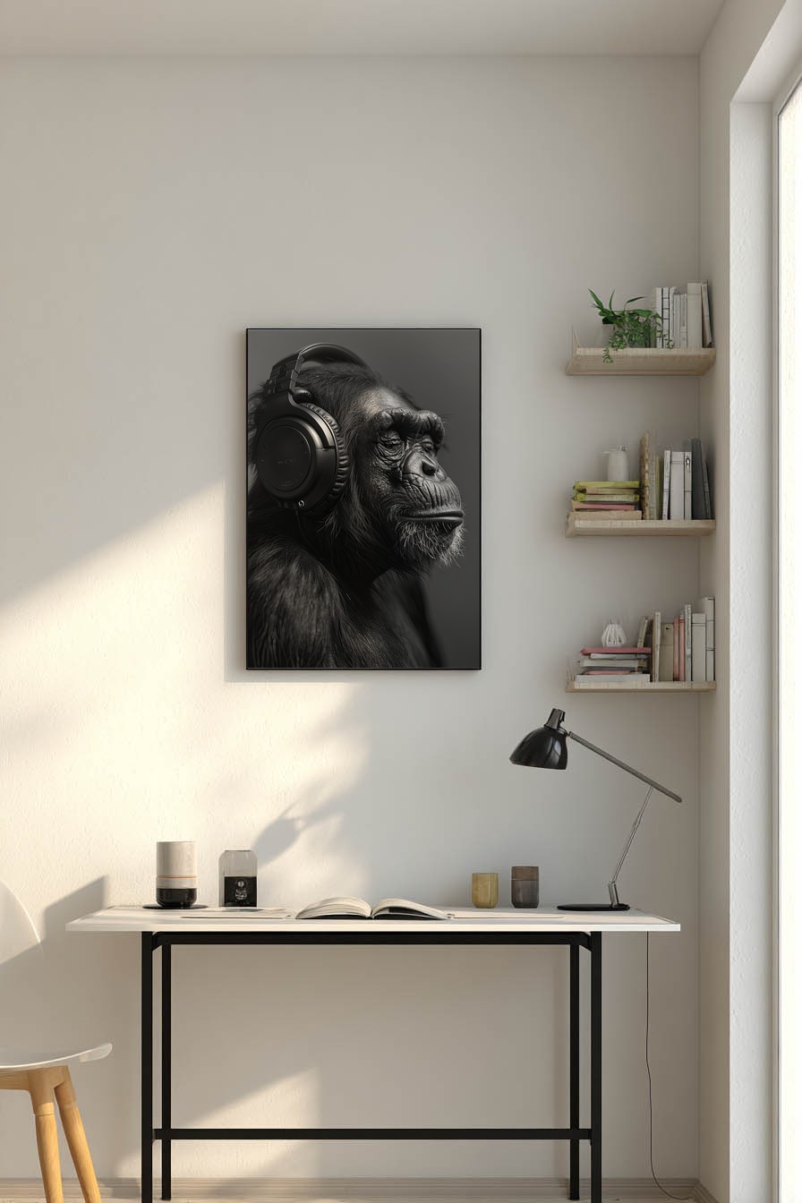 Fotografie Poster Schimpanse Kopfhörer schwarz-weiß