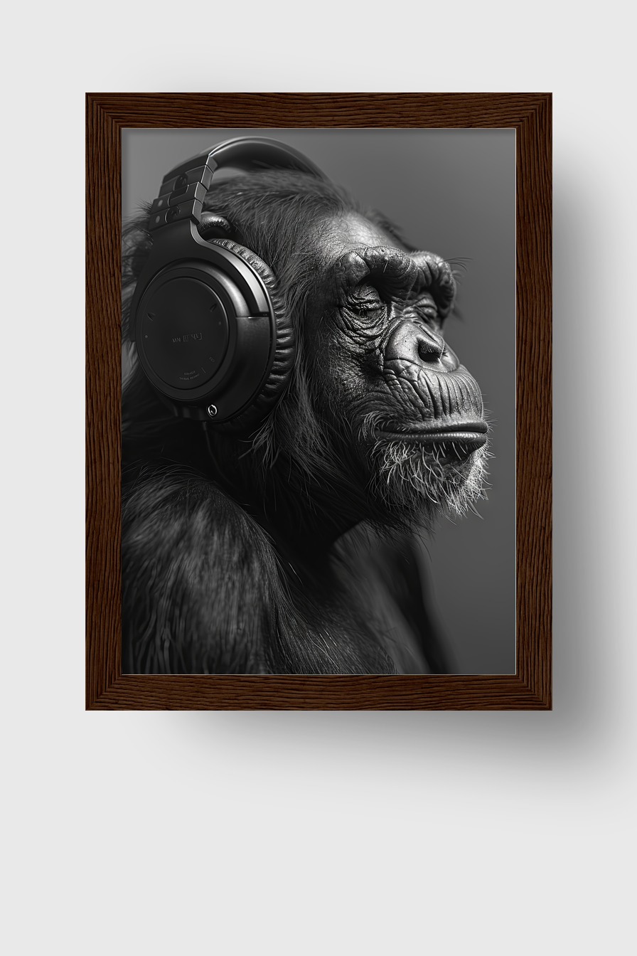 Fotografie Poster Schimpanse Kopfhörer schwarz-weiß