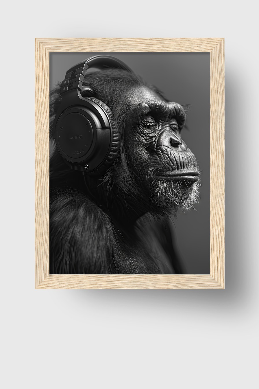 Fotografie Poster Schimpanse Kopfhörer schwarz-weiß