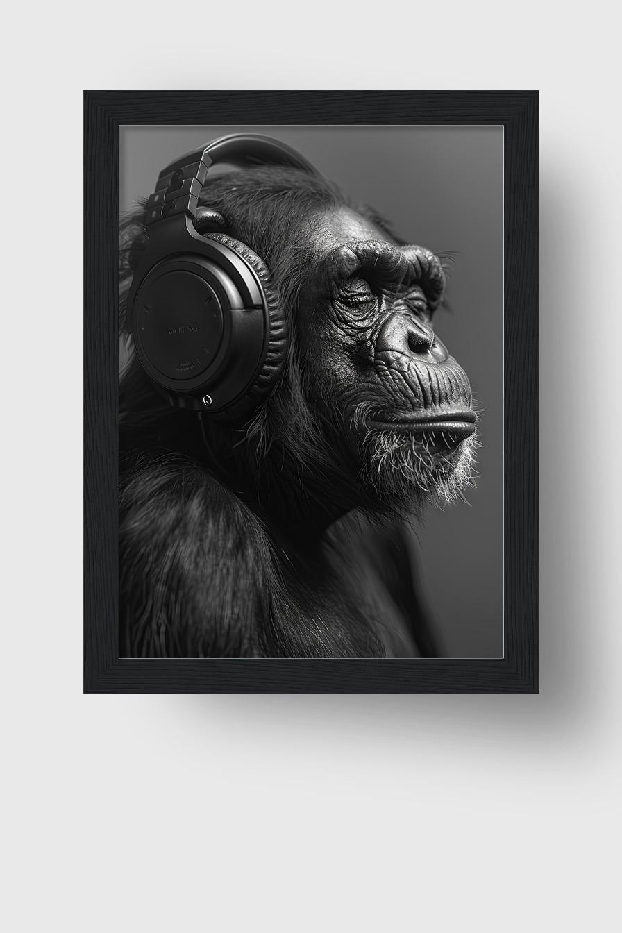 Fotografie Poster Schimpanse Kopfhörer schwarz-weiß