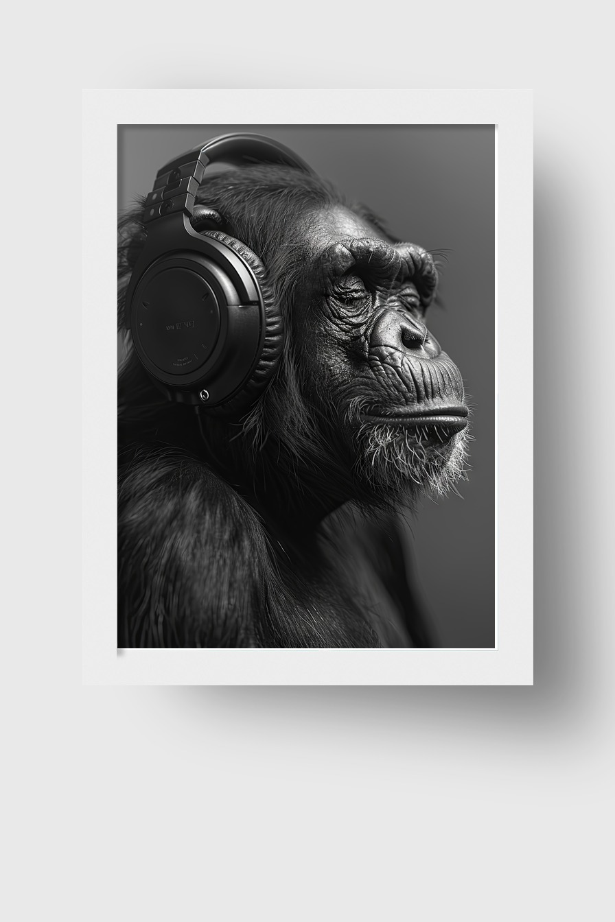 Fotografie Poster Schimpanse Kopfhörer schwarz-weiß