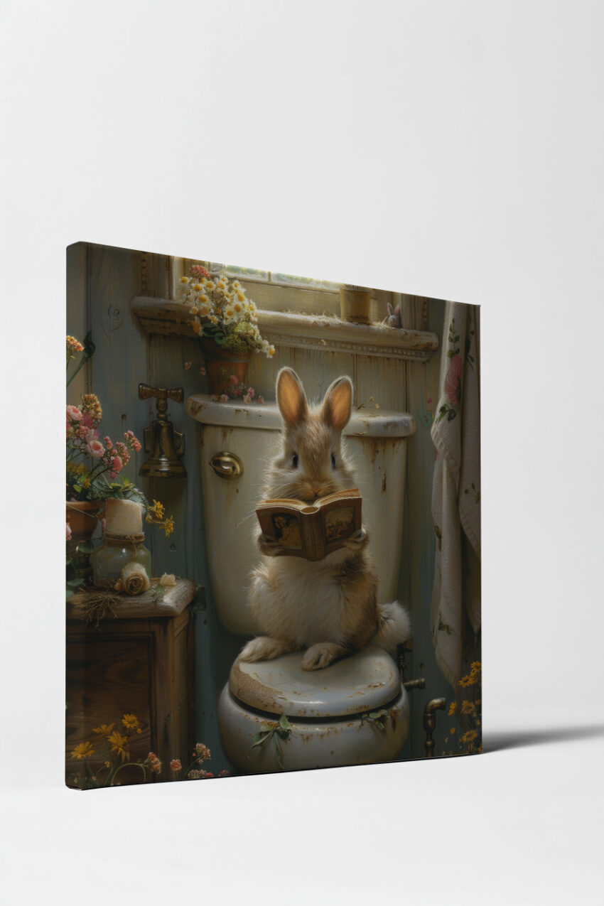 Illustration Poster Kaninchen Toilette lesend warm