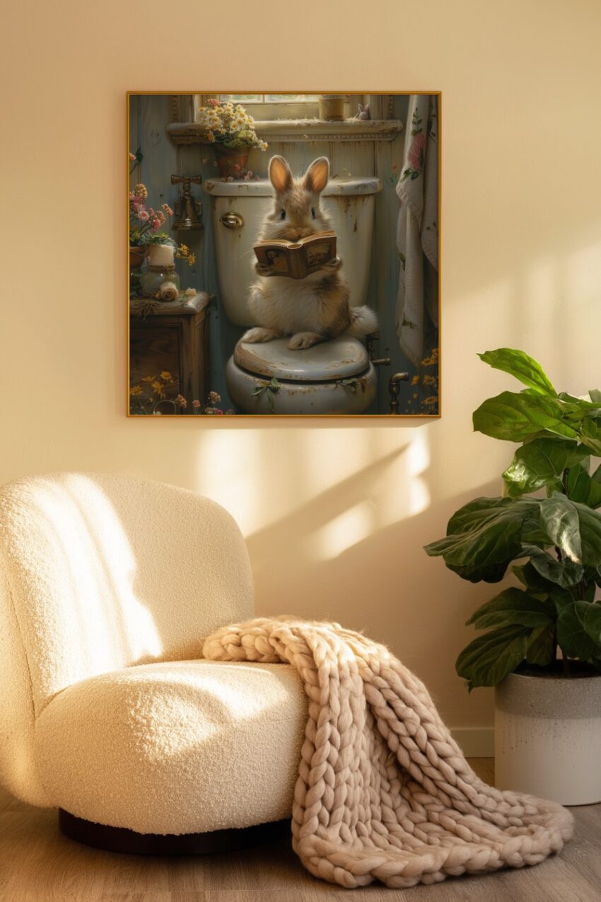 Illustration Poster Kaninchen Toilette lesend warm