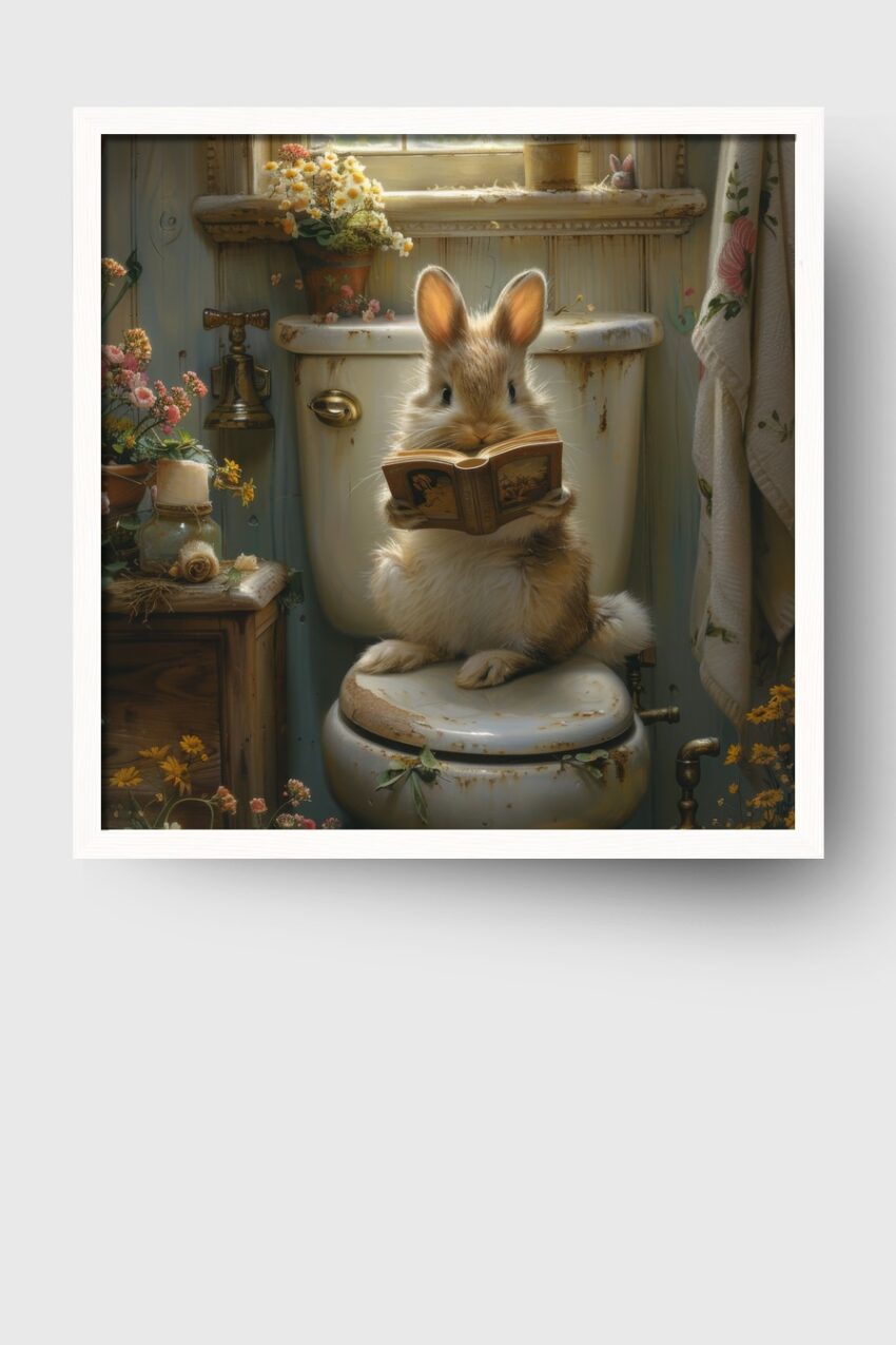 Illustration Poster Kaninchen Toilette lesend warm