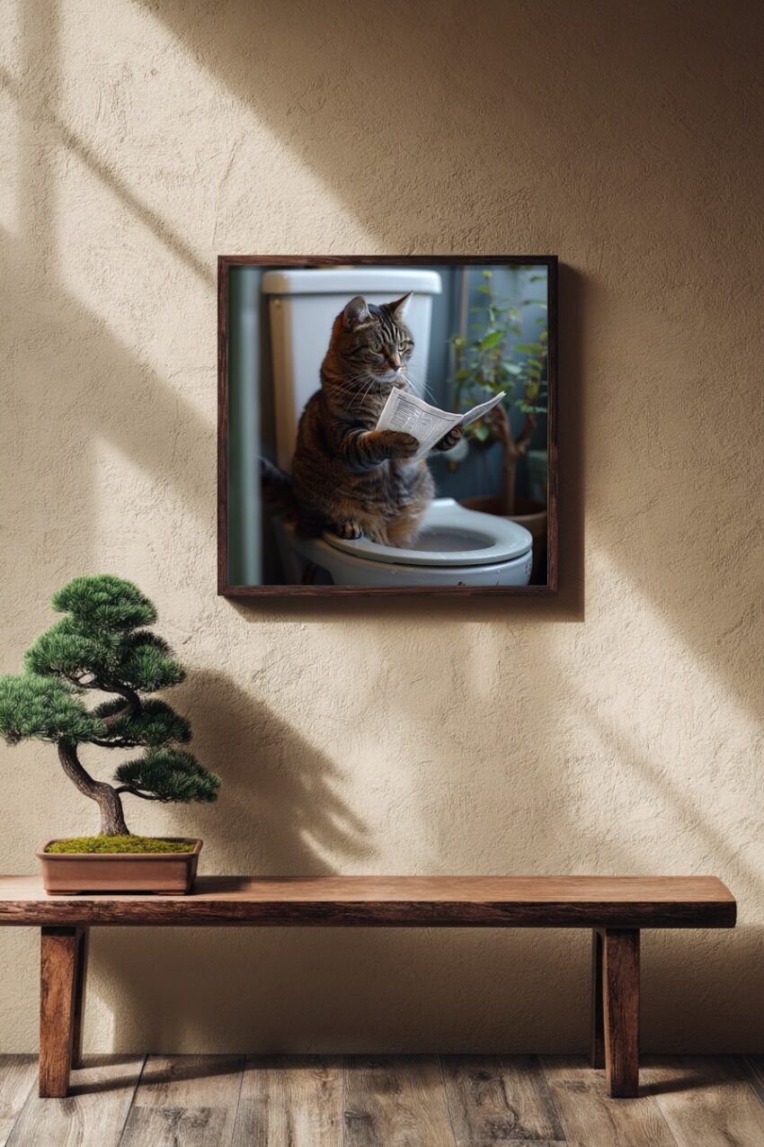 Fotografie Poster Katze Toilette Zeitung sitzend