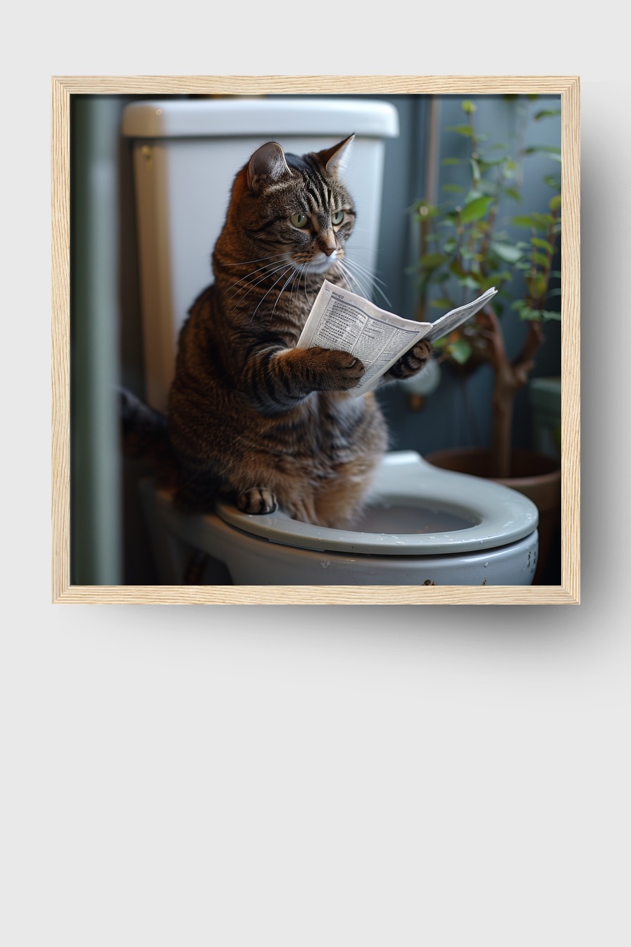 Fotografie Poster Katze Toilette Zeitung sitzend