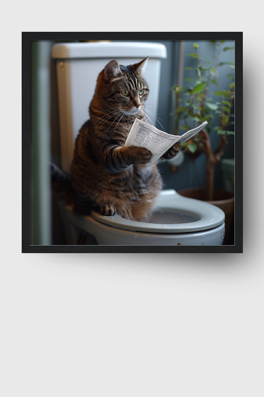 Fotografie Poster Katze Toilette Zeitung sitzend