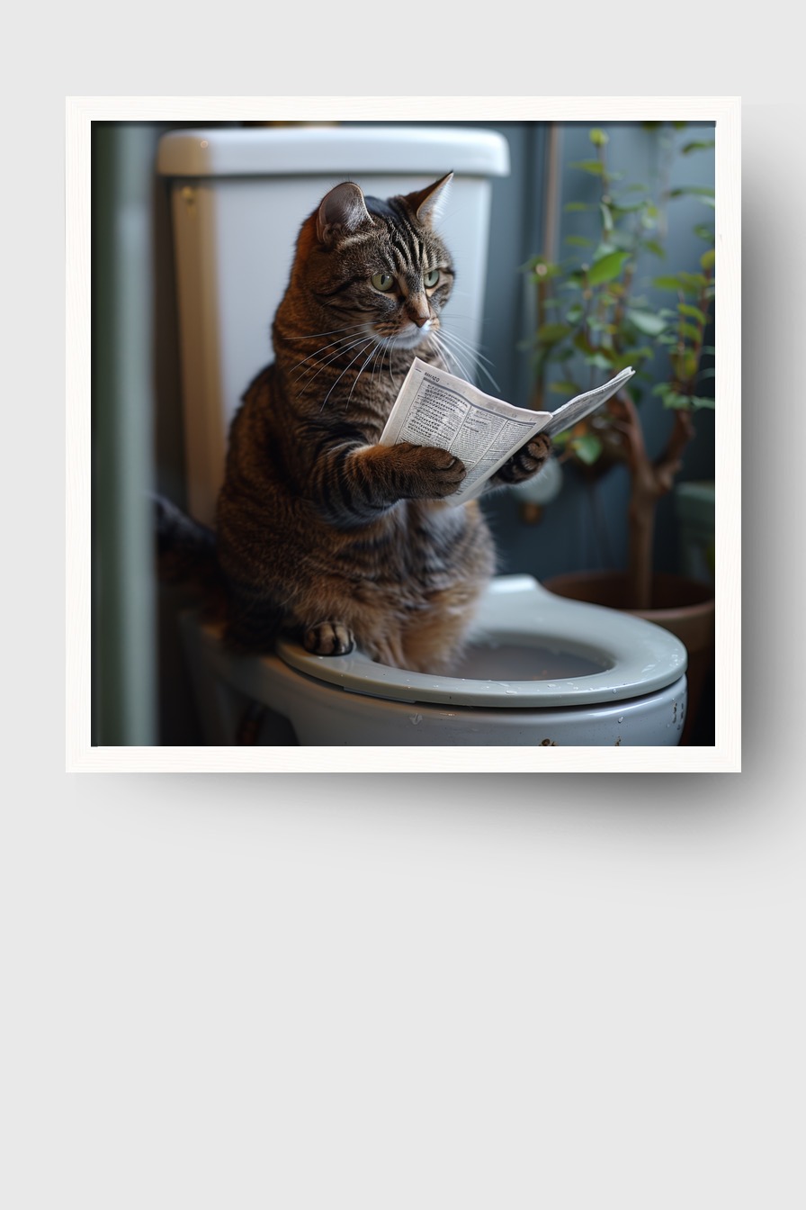 Fotografie Poster Katze Toilette Zeitung sitzend