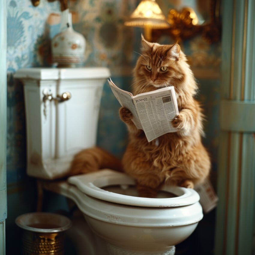 Fotografie Poster Katze Toilette Zeitung rot