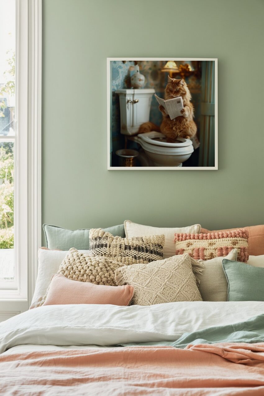 Fotografie Poster Katze Toilette Zeitung rot